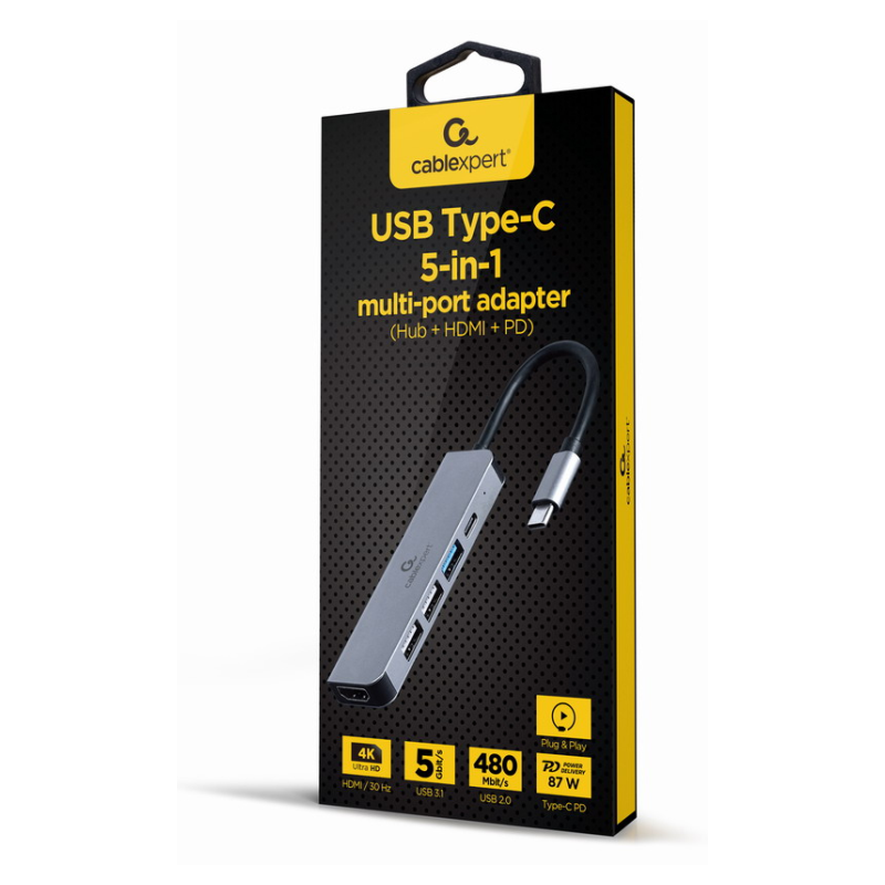 Gembird A-CM-COMBO5-03 base para portátil y replicador de puertos Alámbrico USB 3.2 Gen 1 (3.1 Gen 1) Type-C Plata