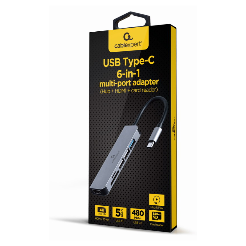 Gembird A-CM-COMBO6-02 base para portátil y replicador de puertos Alámbrico USB 3.2 Gen 1 (3.1 Gen 1) Type-C Gris