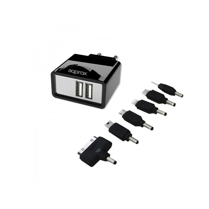 CARGADOR USB DE VIAJE/PARED DUAL+ 6 TIPS NEGRO APPROX