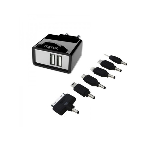 CARGADOR USB DE VIAJE/PARED DUAL+ 6 TIPS NEGRO APPROX