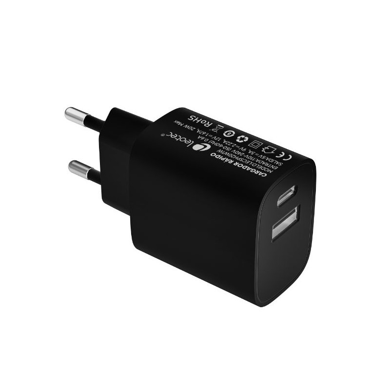 CARGADOR PARED/VIAJE USB-C/PD + USB-A 20W NEGRO LEOTEC
