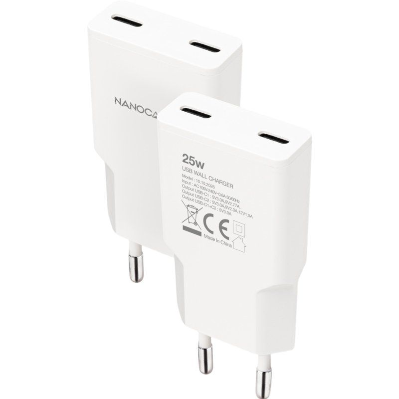 CARGADOR PARED 2XUSB-C PD 25W BLANCO NANOCABLE