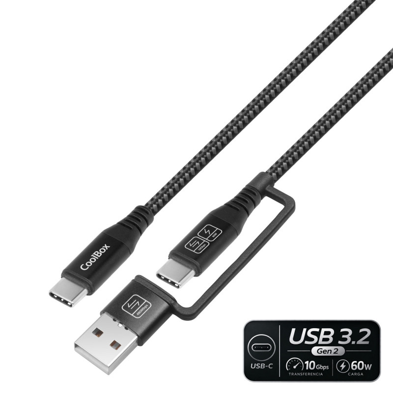 CABLE TRENZADO USB-C + A/ USB-C 3.2 Gen2 + CARGA RAPIDA 60W 1.8 M NEGRO COOLBOX
