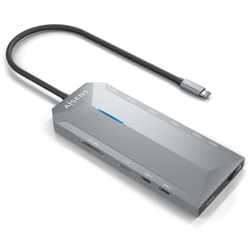 AISENS USB-C Dock 12 En 1, USB-C A 2xHDMI, 1xRJ45, 3xUSB-A, 2xUSB-C, 1xUSB-C PD, 1xAudio, 1xSD, 1xMicro SD, Gris, 30cm