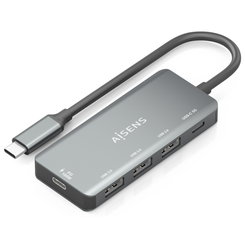 AISENS Hub USB 3.1 USB-C, USB-C/M-1xUSB-C PD 100W+1xUSB-C USB3.0/H+3xUSB-A USB2.0/H, Gris, 15cm