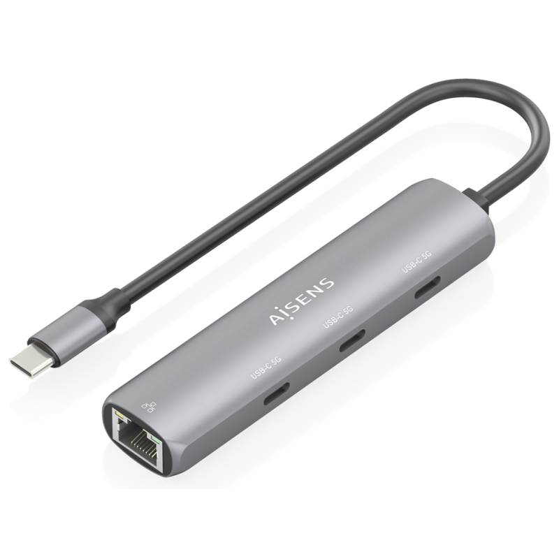 AISENS Dock USB-C A Ethernet Gigabit + Hub 3xUSB-C, Gris, 15cm