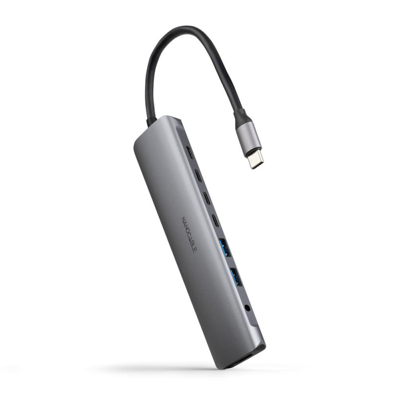 Hub nanocable usb - c 8 en 1 conversor usb - c 3.1 a 2xusb - a 3.0 + 3xusb - c 3.0 + usb - c pd + hdmi 4k@60hz + audio jack 3.5 