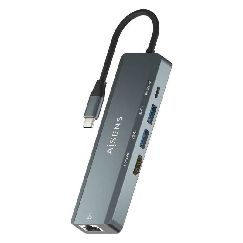 AISENS USB-C Dock 5 en 1, USB-C a 1xHDMI, 1xRJ45, 2xUSB, 1xPD, Gris, 15 cm