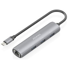 AISENS Dock USB-C A Ethernet Gigabit + Hub 3xUSB-A, Gris, 15cm