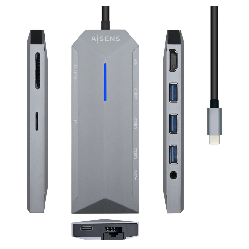 AISENS USB-C Dock 9 en 1, USB-C a 1x HDMI, 1xRJ45, 3x USB, 1x PD, 1x Audio, 1x SD, 1x Micro SD, Gris, 15 cm