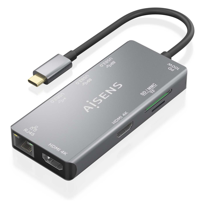 AISENS ASUC-9P018-GR base para portátil y replicador de puertos Alámbrico USB 3.2 Gen 1 (3.1 Gen 1) Type-C