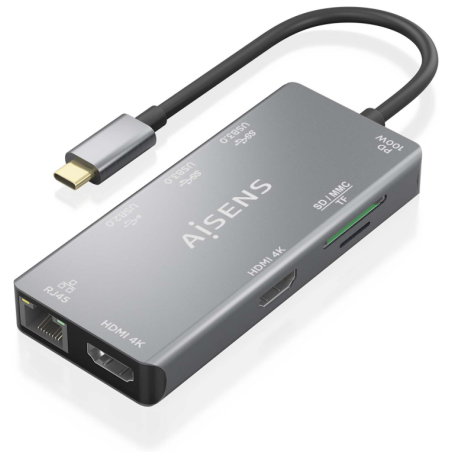 AISENS ASUC-9P018-GR base para portátil y replicador de puertos Alámbr