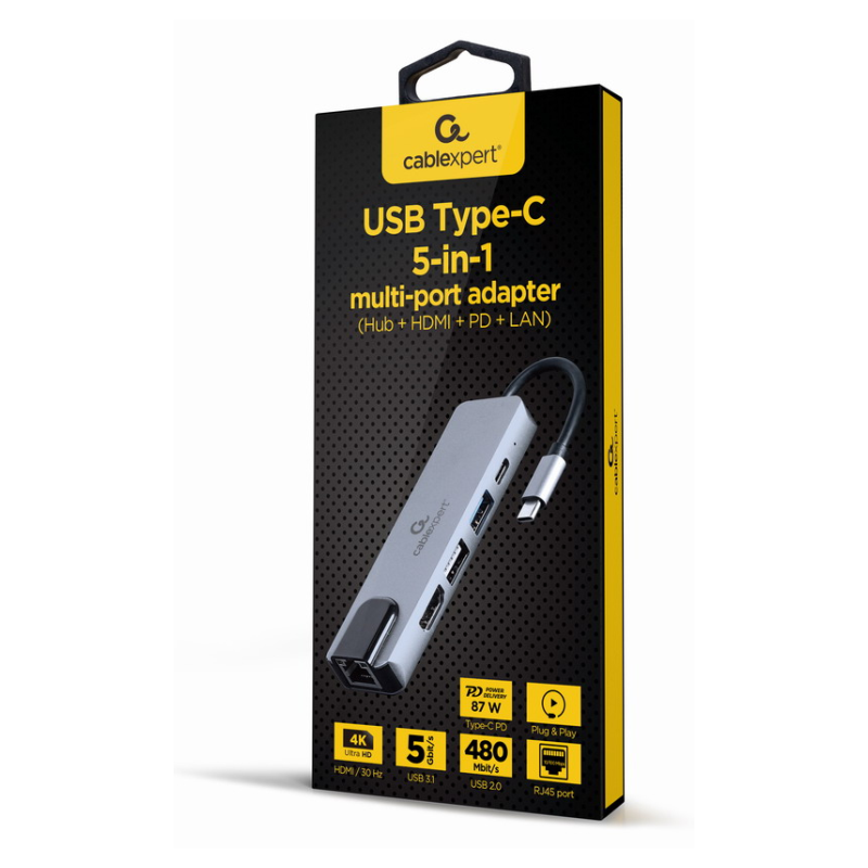 Gembird A-CM-COMBO5-04 base para portátil y replicador de puertos Alámbrico USB 3.2 Gen 1 (3.1 Gen 1) Type-C Plata