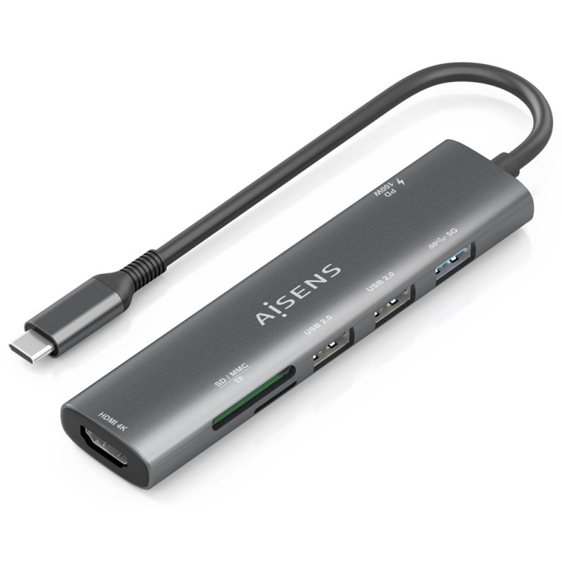 AISENS USB-C Dock 7 en 1, USB-C A, 1x HDMI, 2x USB-A USB2.0, 1x USB-A USB3.0, 1x USB-C PD 100W, 1x SD, 1x MicroSD, Gris, 15cm