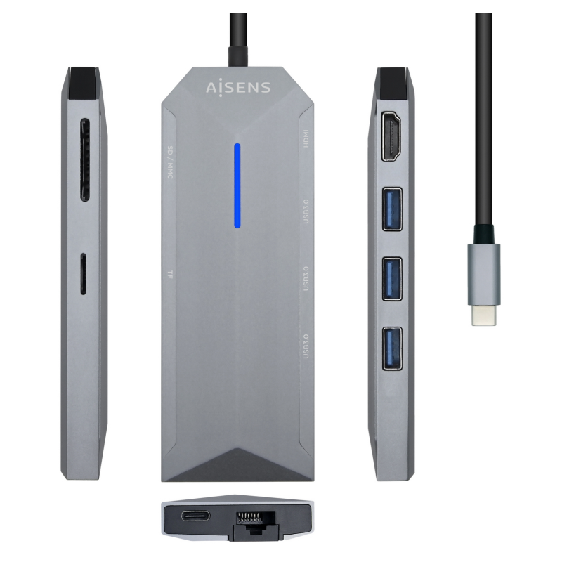 AISENS USB-C dock 8 en 1, USB-C a 1xHDMI, 1xRJ45, 3xUSB, 1xPD, 1xSD, 1xMicroSD, Gris, 15 cm