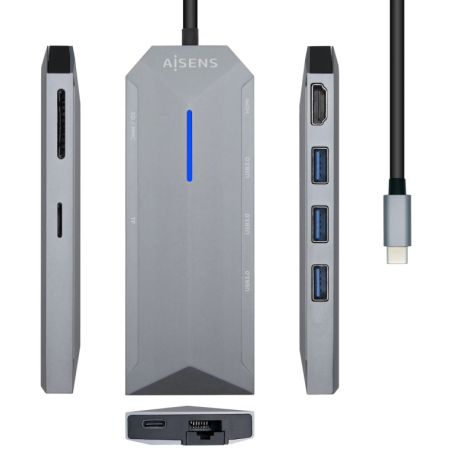 AISENS USB-C dock 8 en 1, USB-C a 1xHDMI, 1xRJ45, 3xUSB, 1xPD, 1xSD, 1