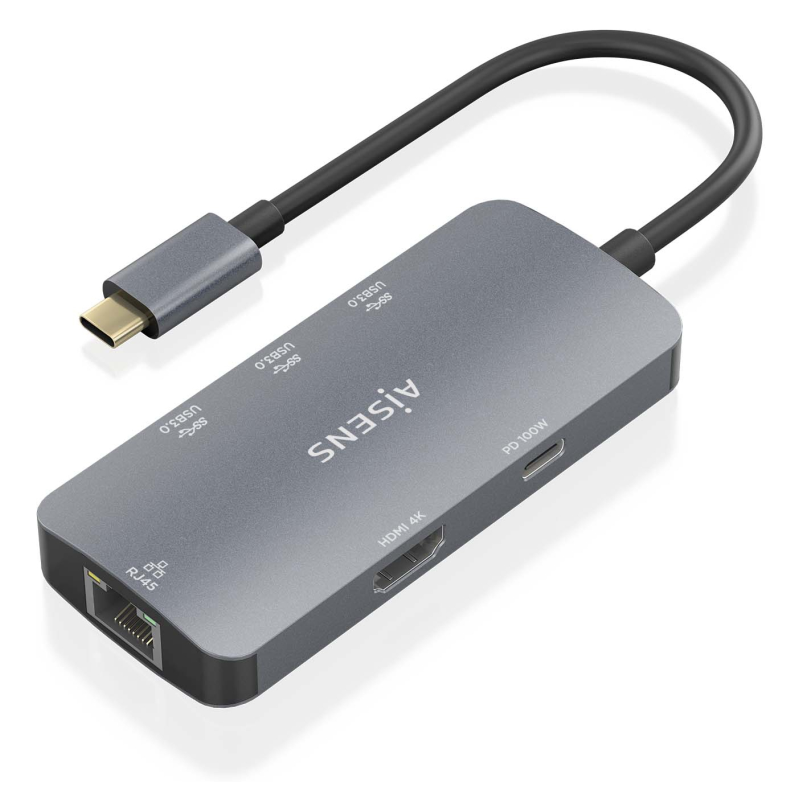 AISENS USB-C Dock 6 En 1, USB-C a 1xHDMI, 1xRJ45, 3xUSB-A, 1xUSB-C PD, Gris, 15cm