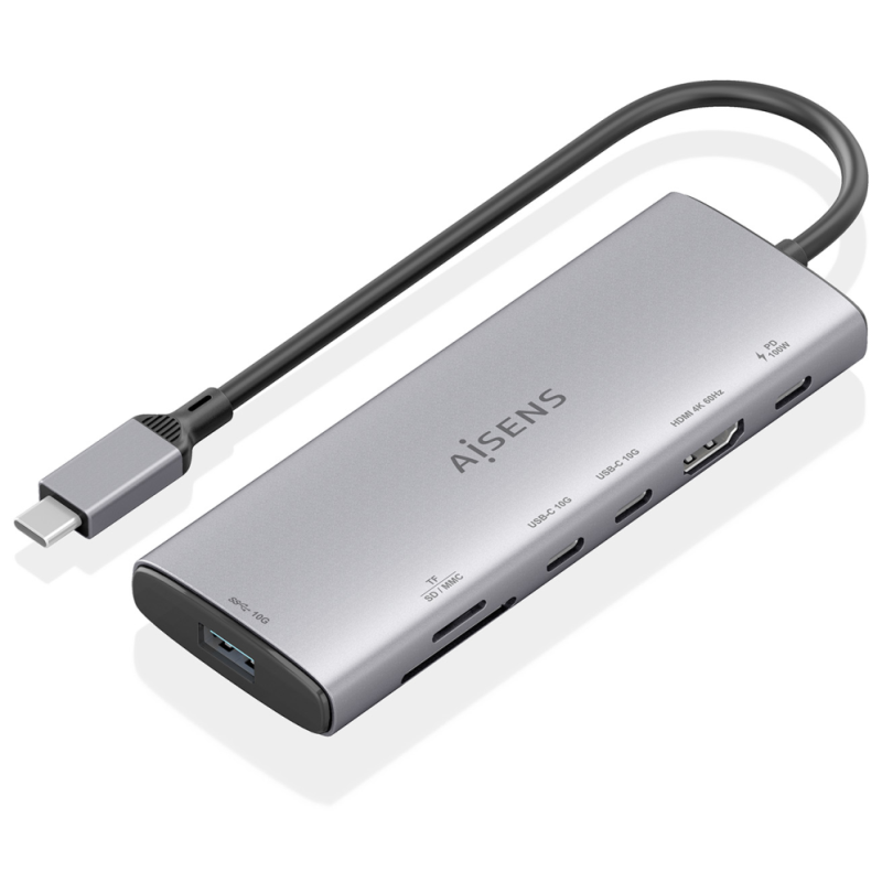 AISENS USB-C Dock 7 en 1, USB-C a 1xHDMI, 1xUSB-A 10G, 2xUSB-C 10G, 1xSD, 1xMicroSD, 1xUSB-C PD 100W, Gris, 20cm