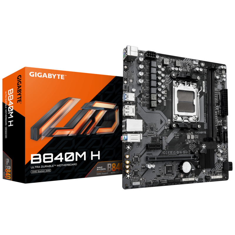 GIGABYTE B840M H Placa Base - Procesadores AMD Ryzen 9000, VRM de 5+2+2 fases, hasta 7200MHz DDR5 (O.C), 1xPCIe 4.0 M.2, LAN 1Gb