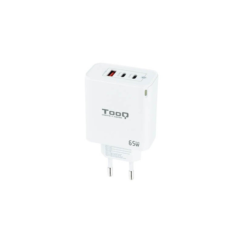 Cargador de pared tooq triple 2xusb - c + usb a blanco 65w gan