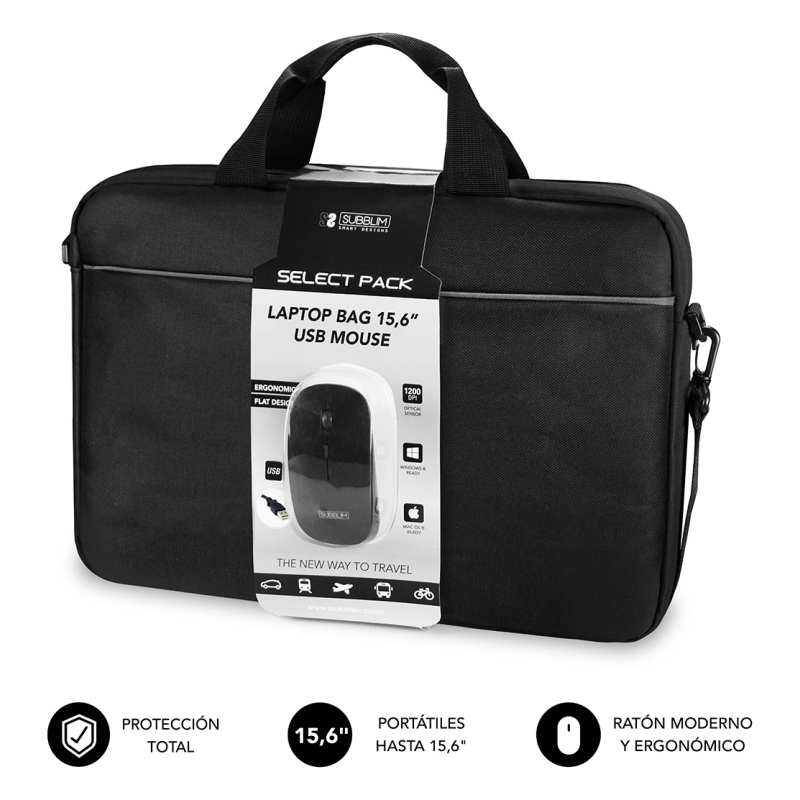 SUBBLIM Maletín con Ratón Select Pack Wired Mouse USB + Laptop bag 15,6