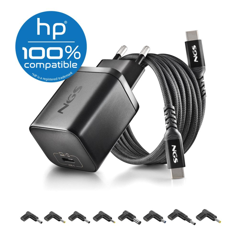CARGADOR PARED GaN + CABLE 1.5 M USB-C + 8 CLAVIJAS HP 65W NEGRO NGS