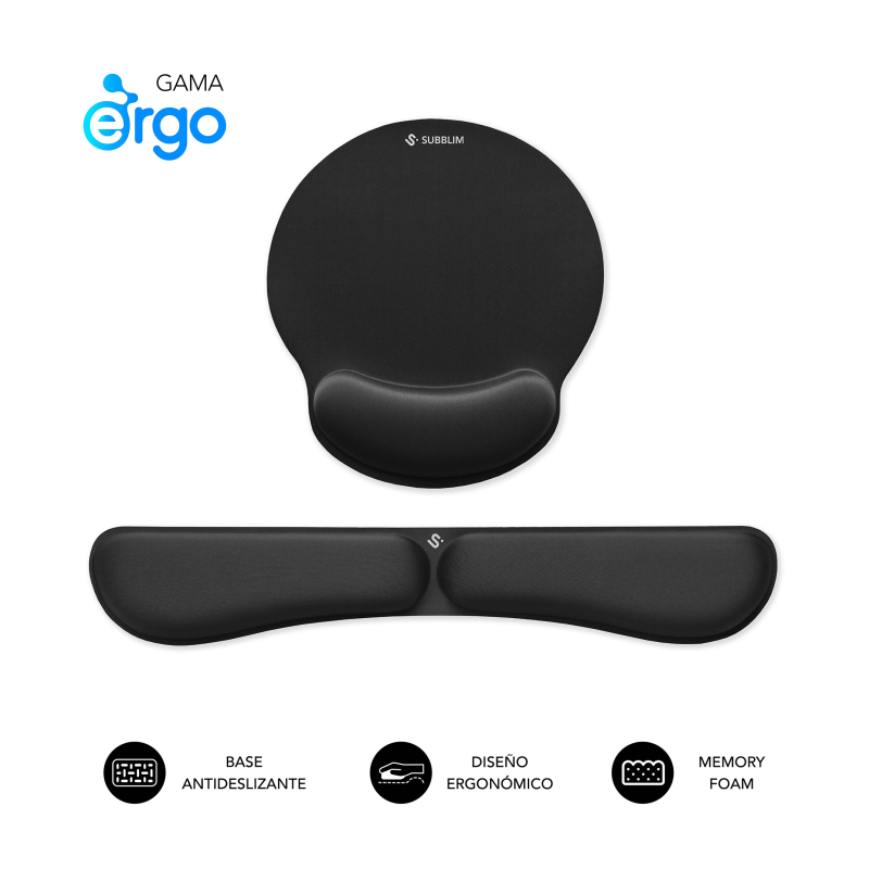 SUBBLIM Pack Alfombrilla de Ratón Ergonómica + Reposamuñecas Teclado – Espuma elástica, Superficie Microtexturizada Impermeable,
