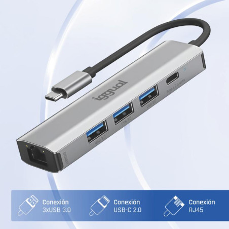 iggual Hub tipo C 5 puertos 3xUSB + RJ45 + tipo C
