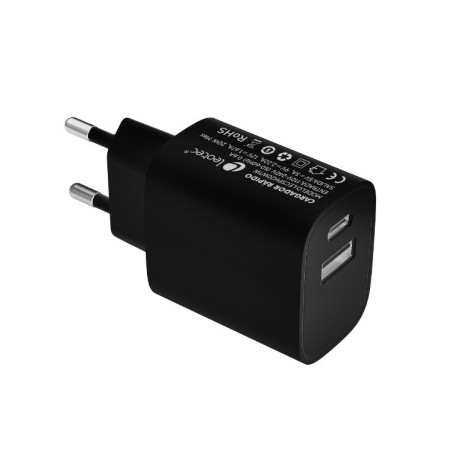 CARGADOR PARED/VIAJE USB-C/PD + USB-A 20W NEGRO LEOTEC