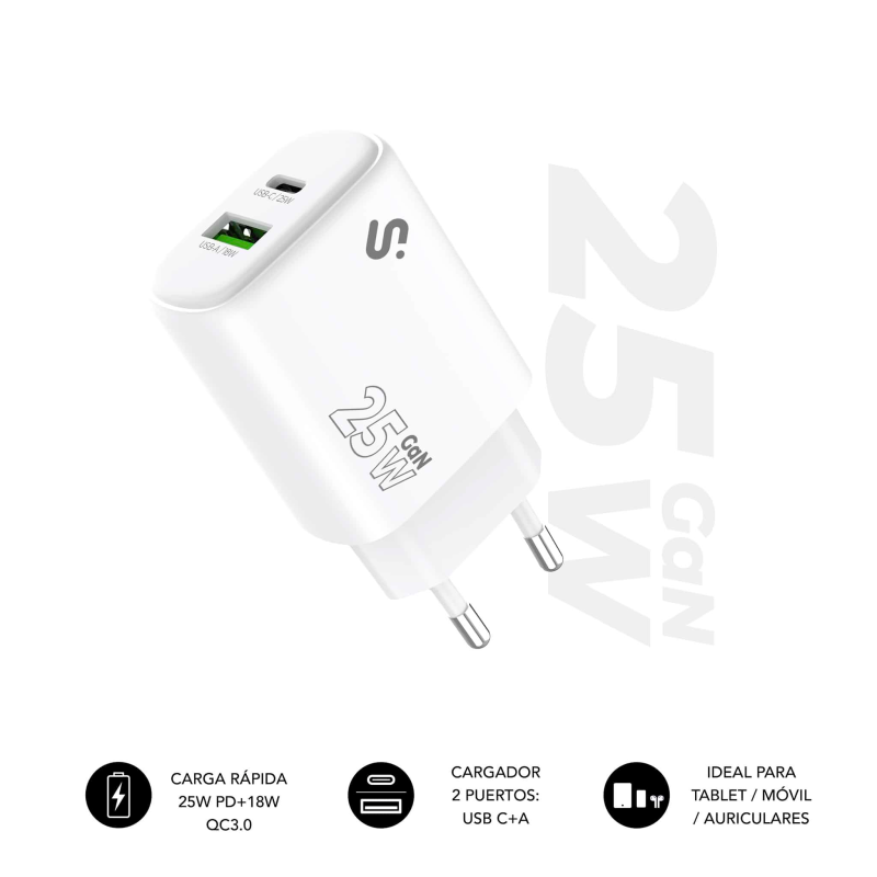 CARGADOR PARED/VIAJE USB-C + USB-A GaN 25W PD BLANCO SUBBLIM