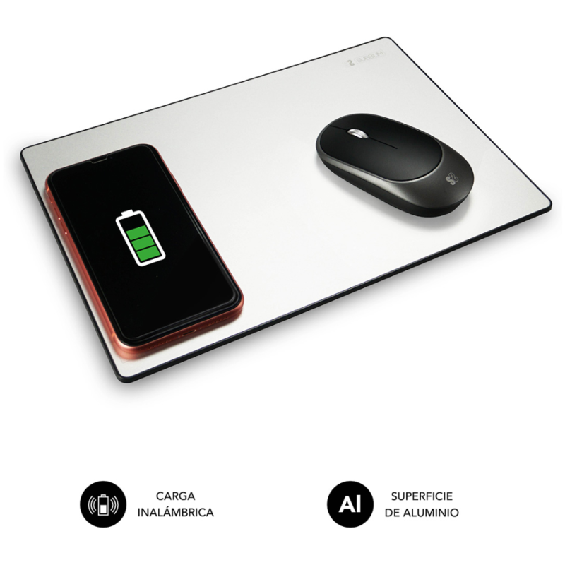 SUBBLIM Alfombrilla con cargador Inalámbrico Mousepad Wireless Charger Aluminum Silver 10W
